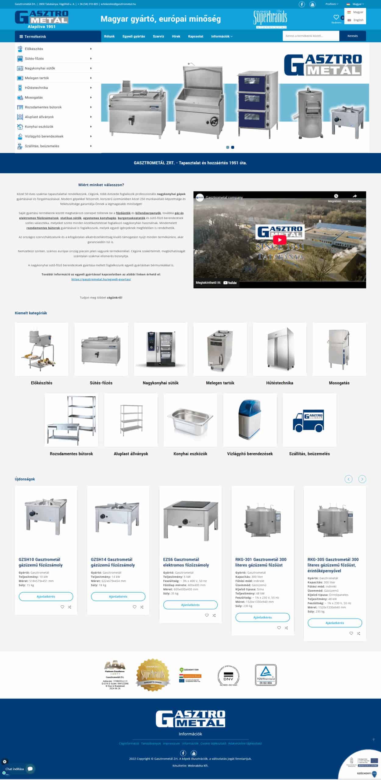 Gasztrometál Zrt. Online termék katalógus weboldal referencia