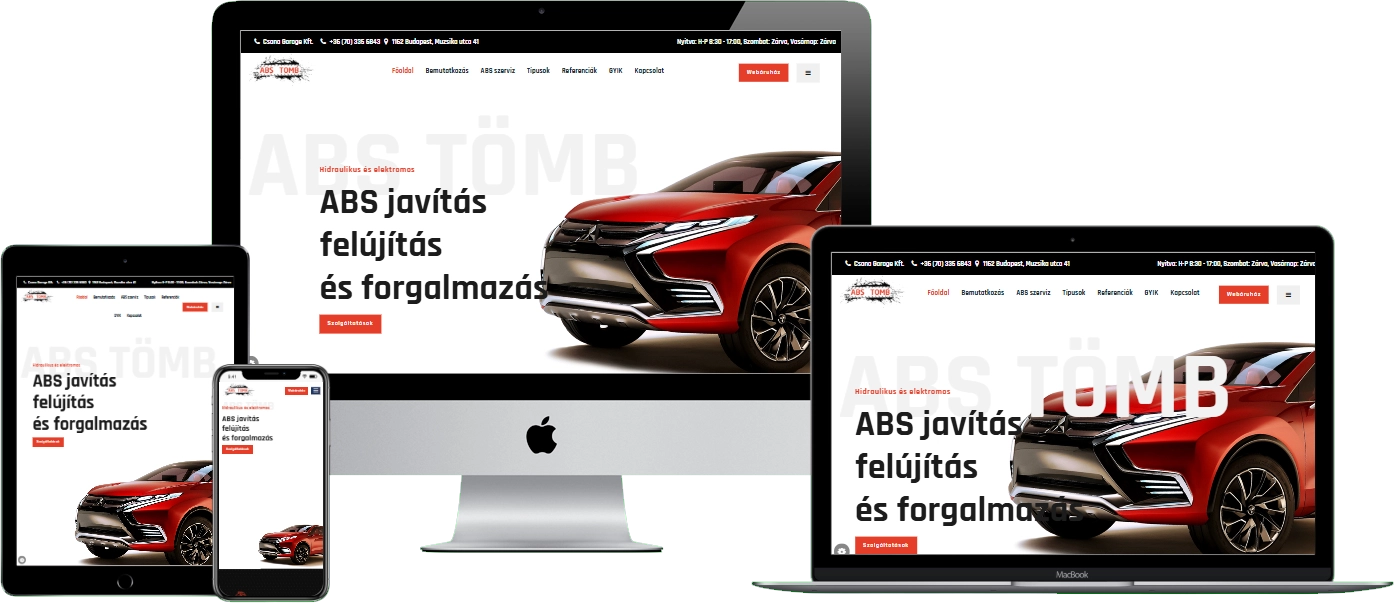 ABS Tömb weboldal – reszponzív nézet (asztali, tablet és mobil)