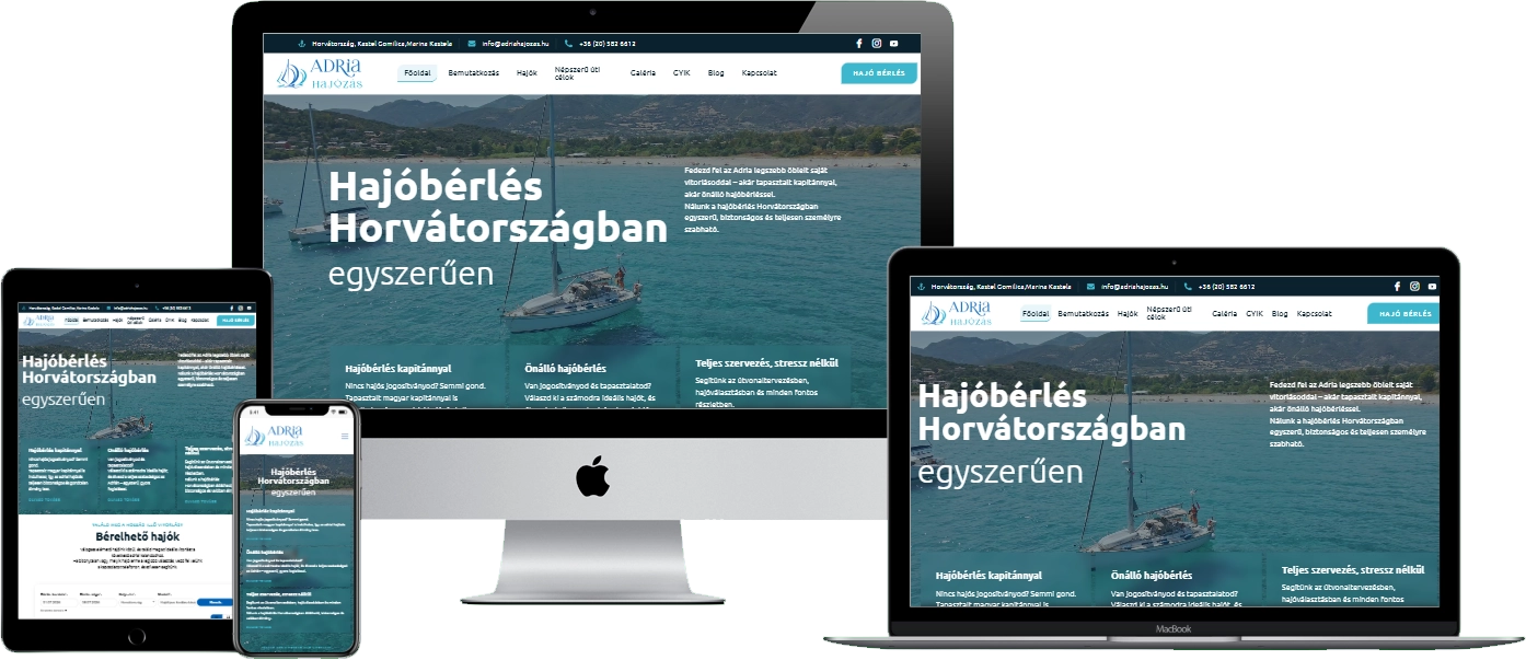 Adria Hajózás weboldal – reszponzív nézet (asztali, tablet és mobil)