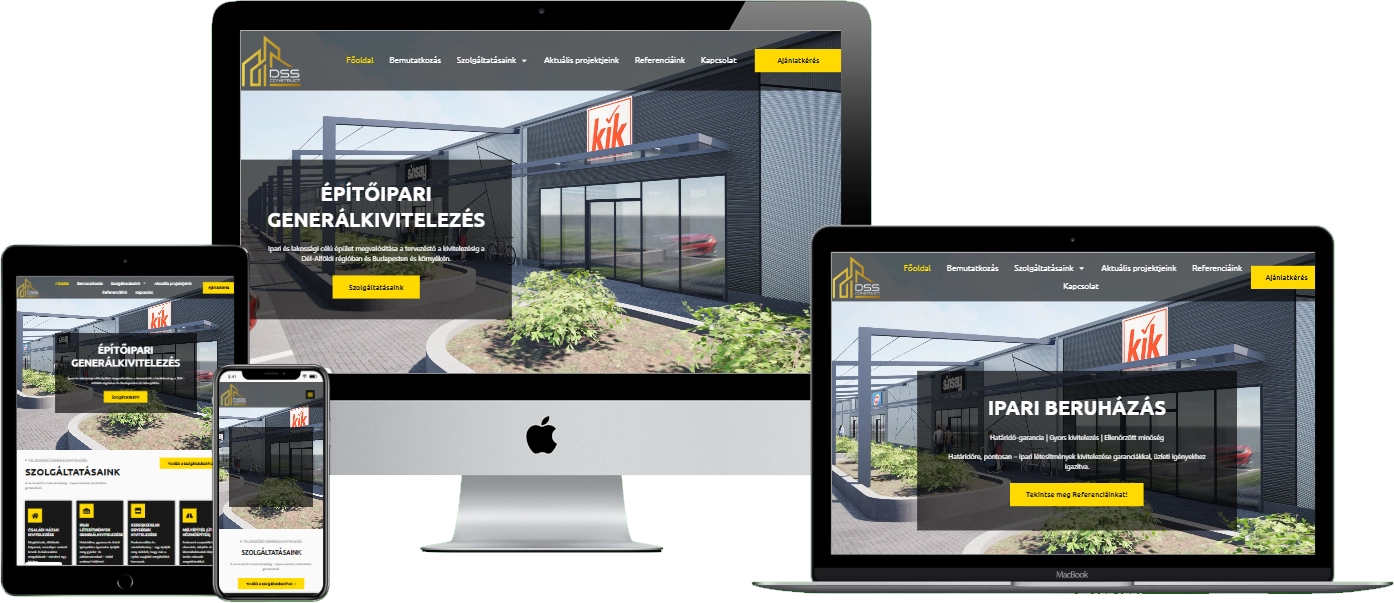 DSS Construct weboldal – reszponzív nézet (asztali, tablet és mobil)