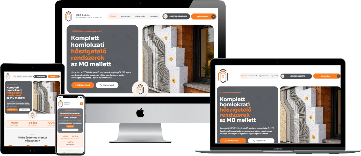 EPS Raktár weboldal – reszponzív nézet (asztali, tablet és mobil)