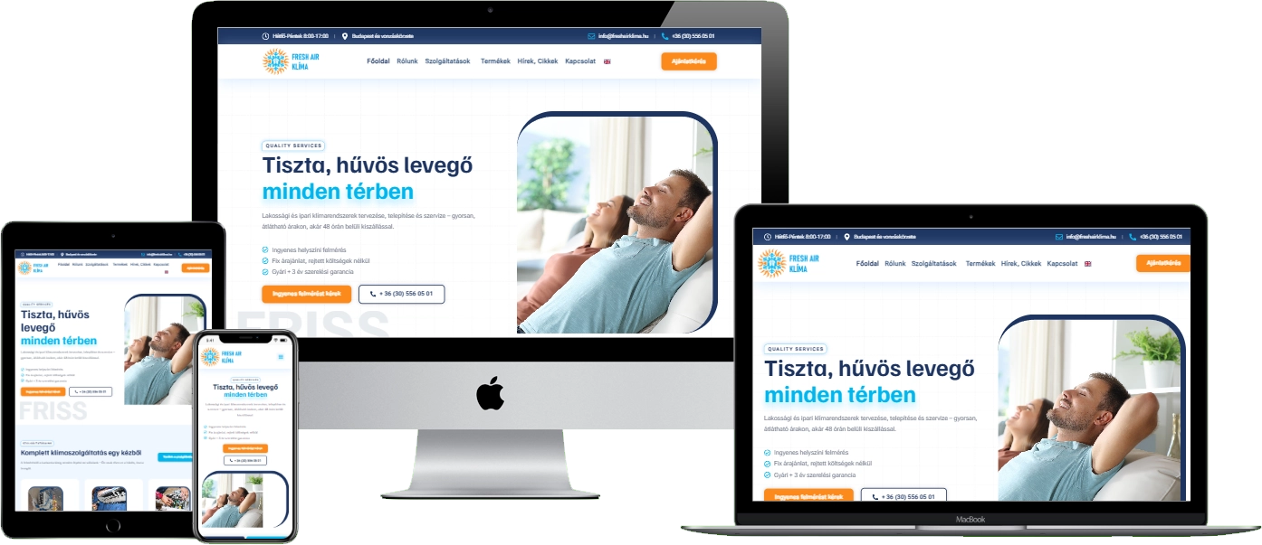 Fresh Air Klíma weboldal – reszponzív nézet (asztali, tablet és mobil)