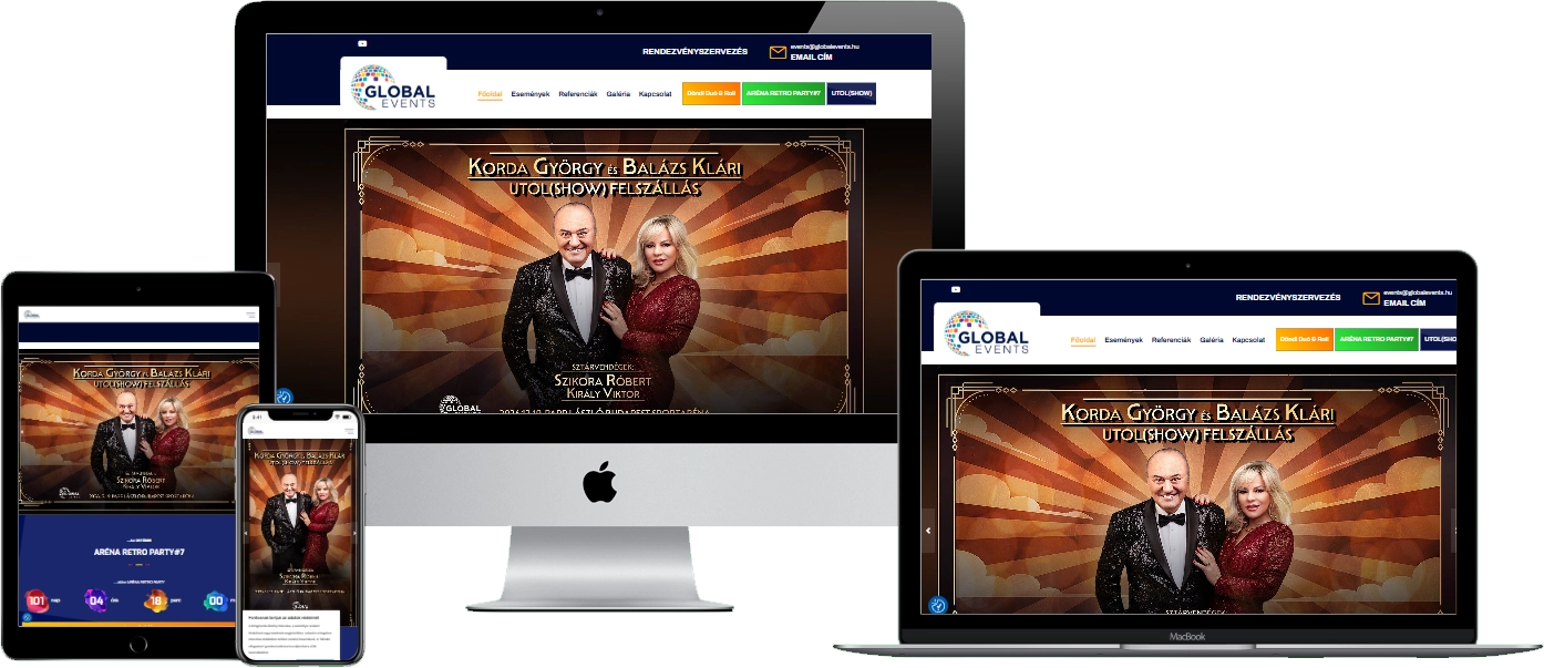 Global Events weboldal – reszponzív nézet (asztali, tablet és mobil)