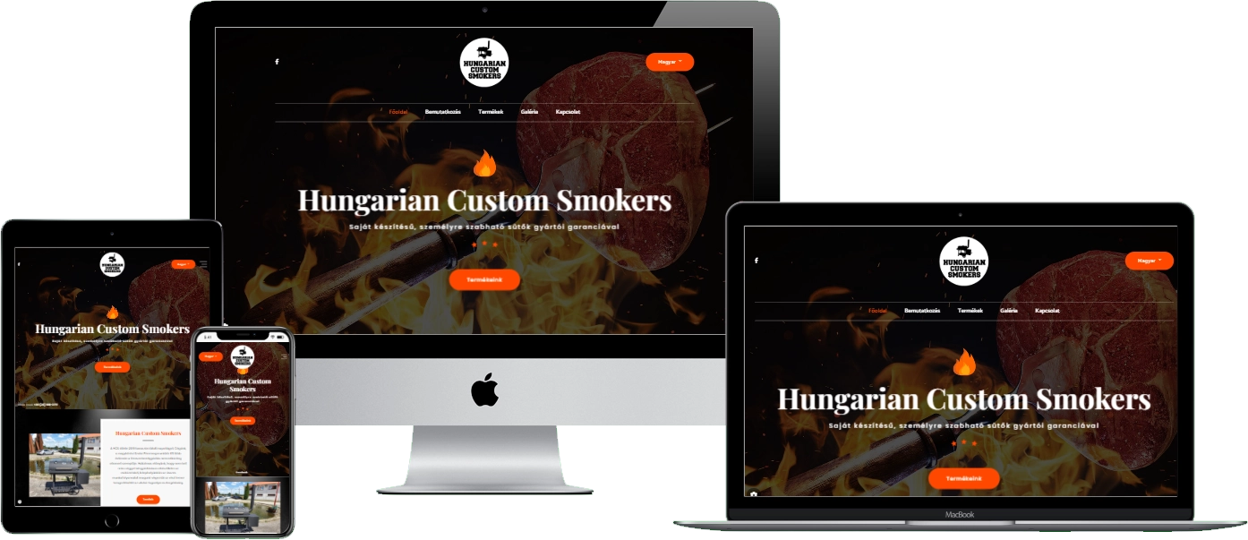Hungarian Custom Smokers weboldal – reszponzív nézet (asztali, tablet és mobil)