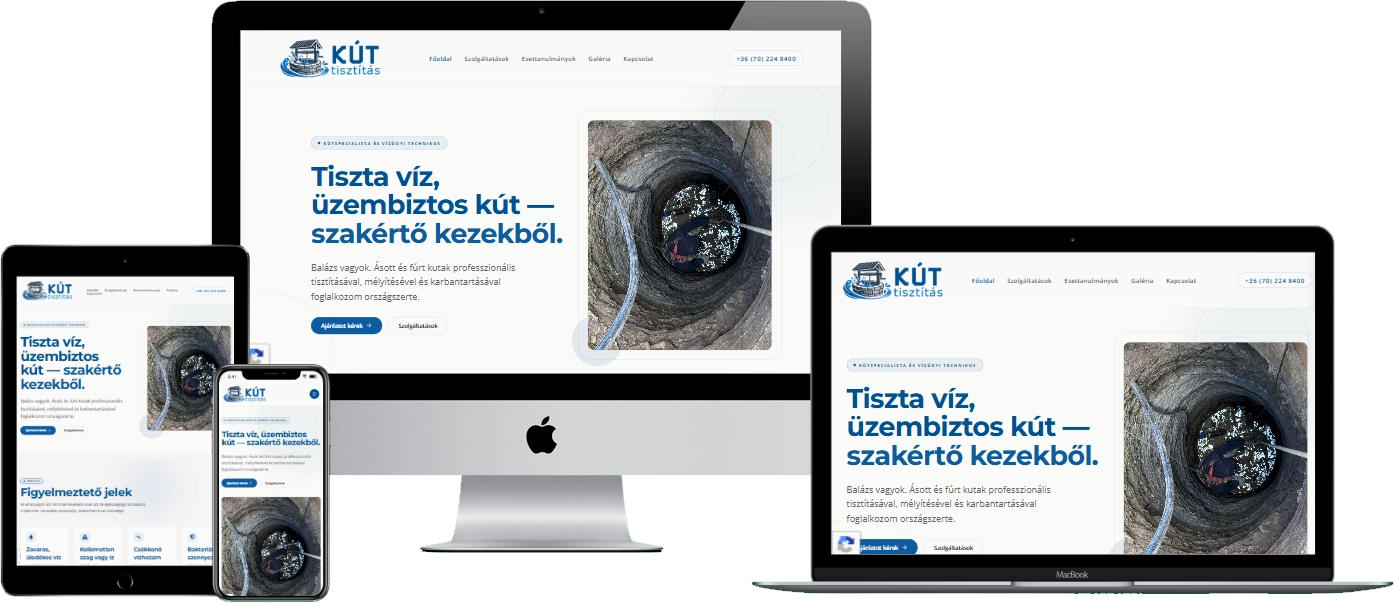 Kúttisztítás.com weboldal – reszponzív nézet (asztali, tablet és mobil)