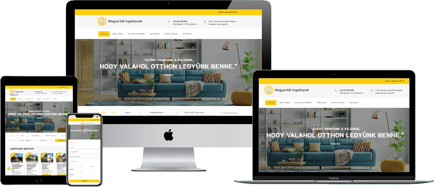 Mogyoródi Ingatlanok weboldal – reszponzív nézet (asztali, tablet és mobil)