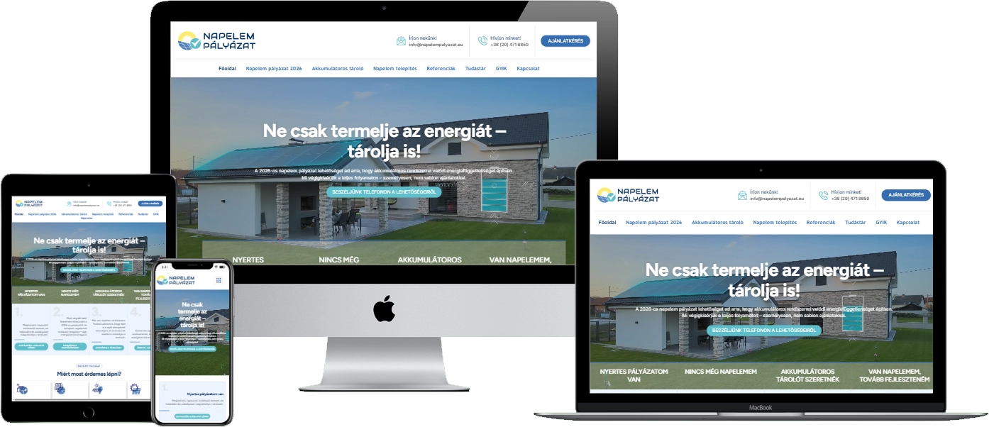Napelem Pályázat weboldal – reszponzív nézet (asztali, tablet és mobil)
