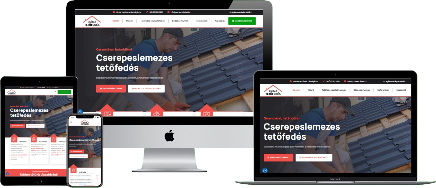 Príma Tetőfedés weboldal – reszponzív nézet (asztali, tablet és mobil)
