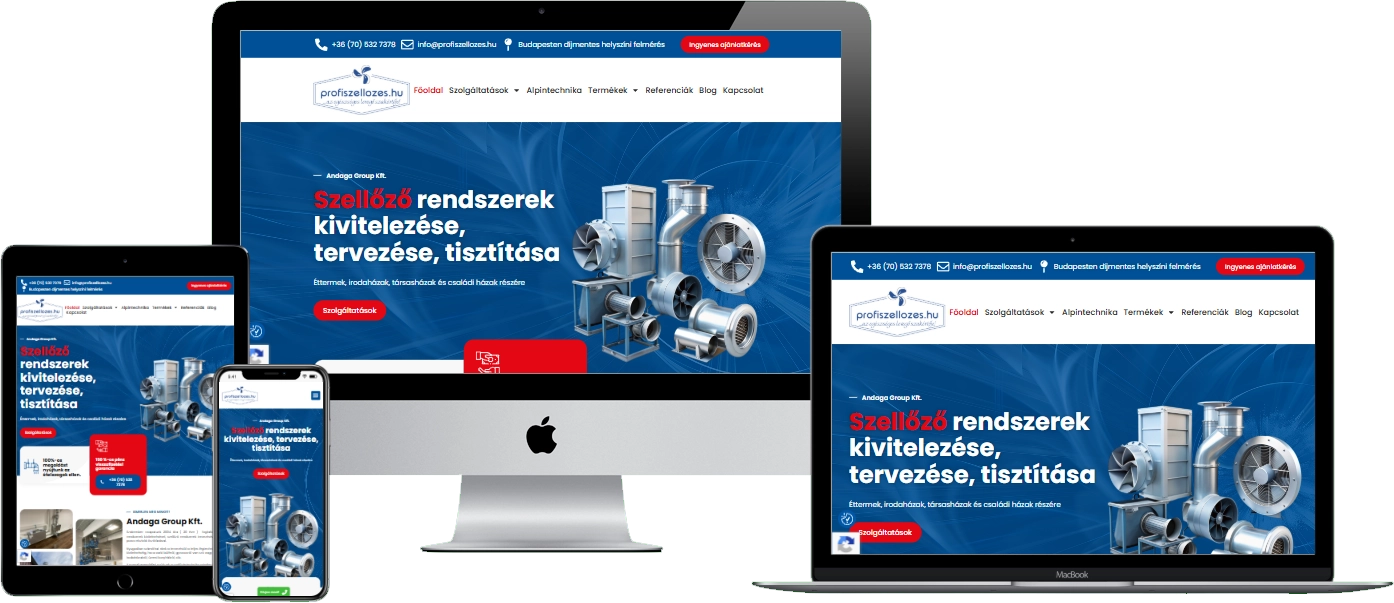 Profiszellőzés – Andaga Group Kft. weboldal – reszponzív nézet (asztali, tablet és mobil)