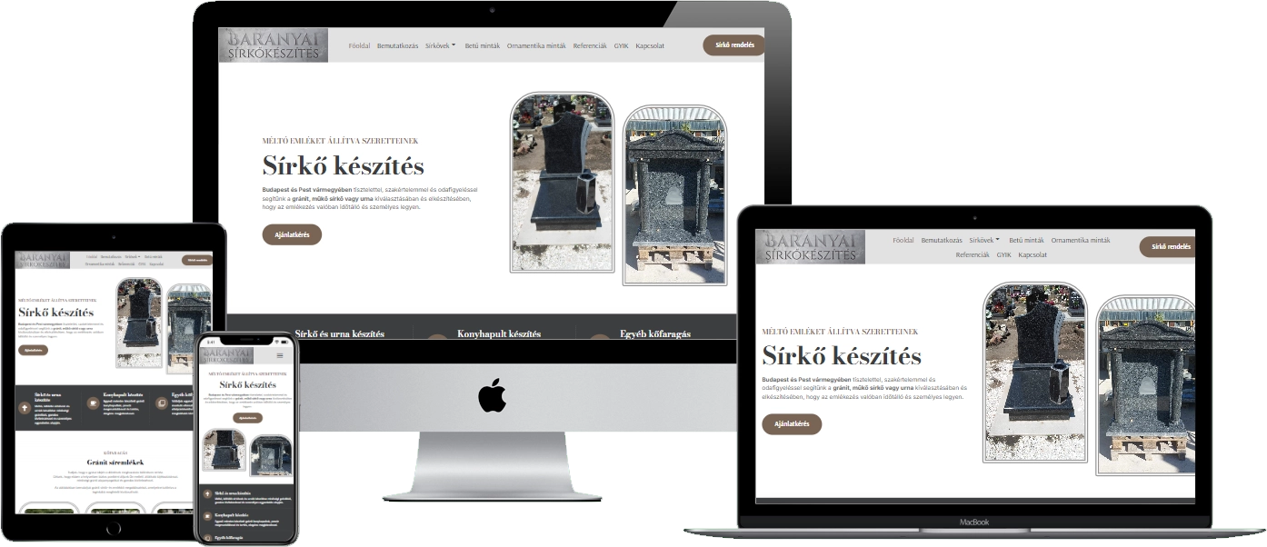 Baranyai Sírkőkészítés weboldal – reszponzív nézet (asztali, tablet és mobil)