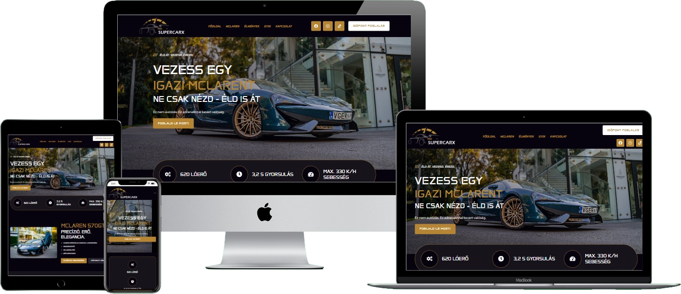 SuperCarX weboldal – reszponzív nézet (asztali, tablet és mobil)