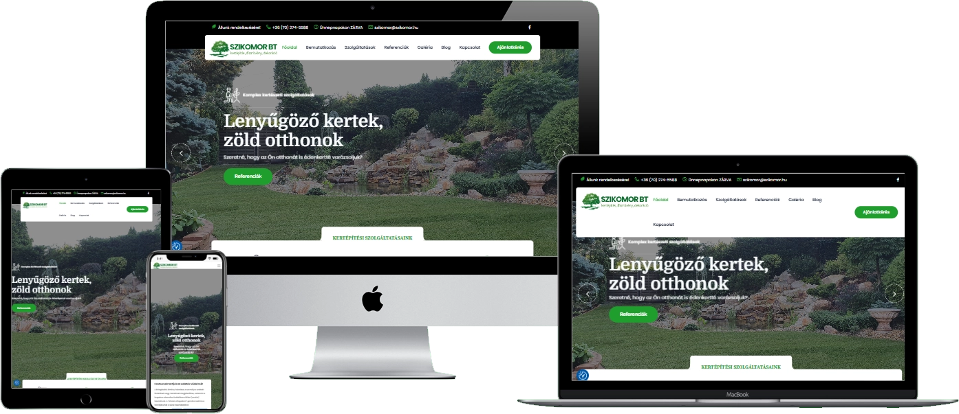 Szikomor Bt weboldal – reszponzív nézet (asztali, tablet és mobil)
