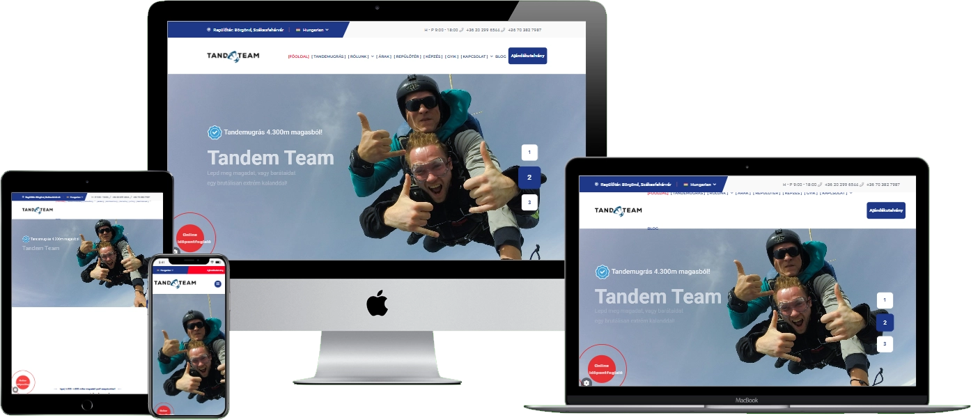 Tandem Team weboldal – reszponzív nézet (asztali, tablet és mobil)