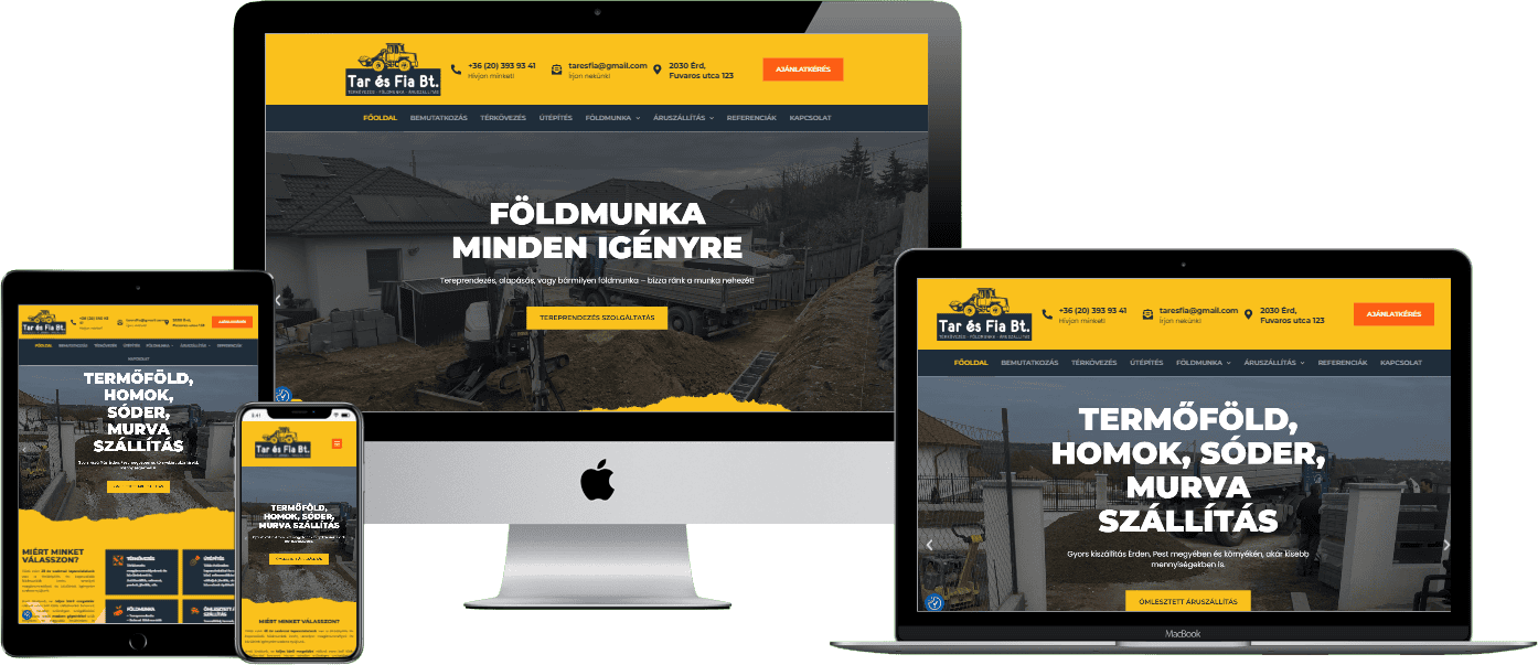 Tar és Fia Bt. weboldal – reszponzív nézet (asztali, tablet és mobil)