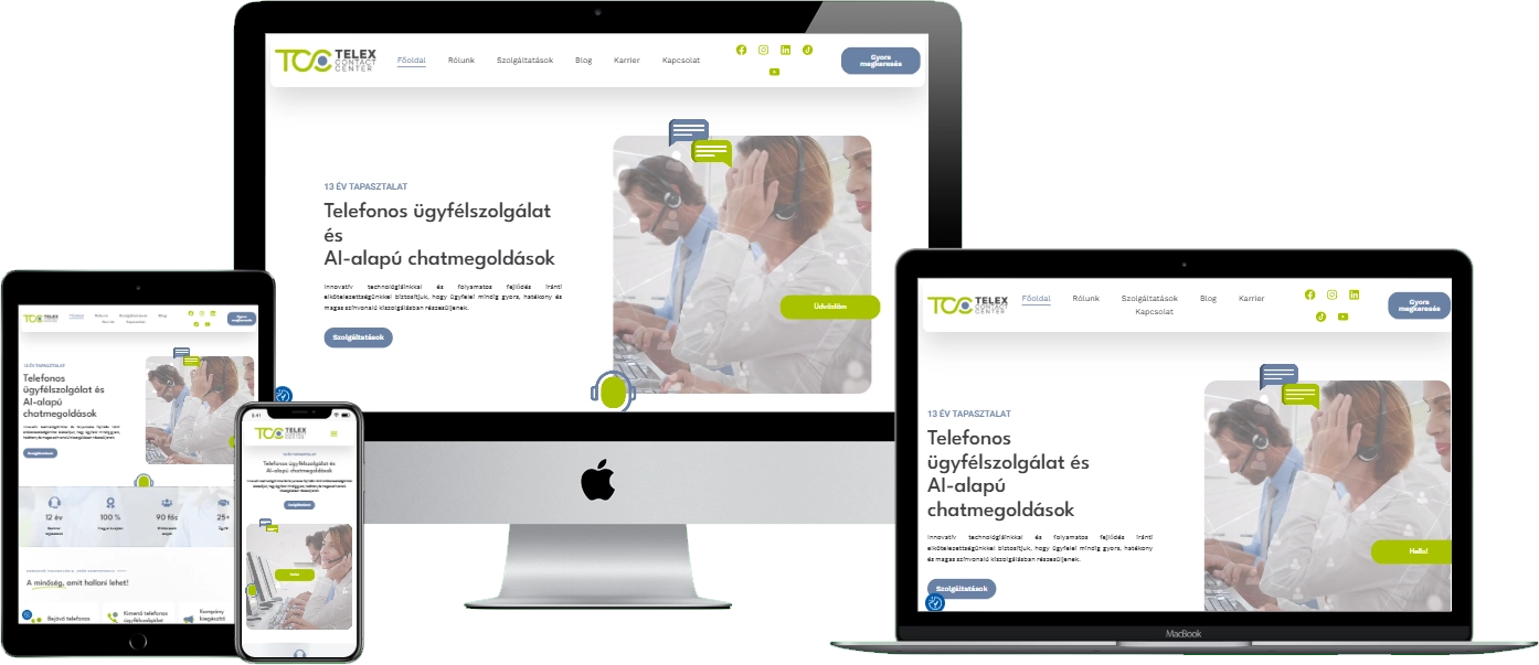 Telex Contact Center weboldal – reszponzív nézet (asztali, tablet és mobil)