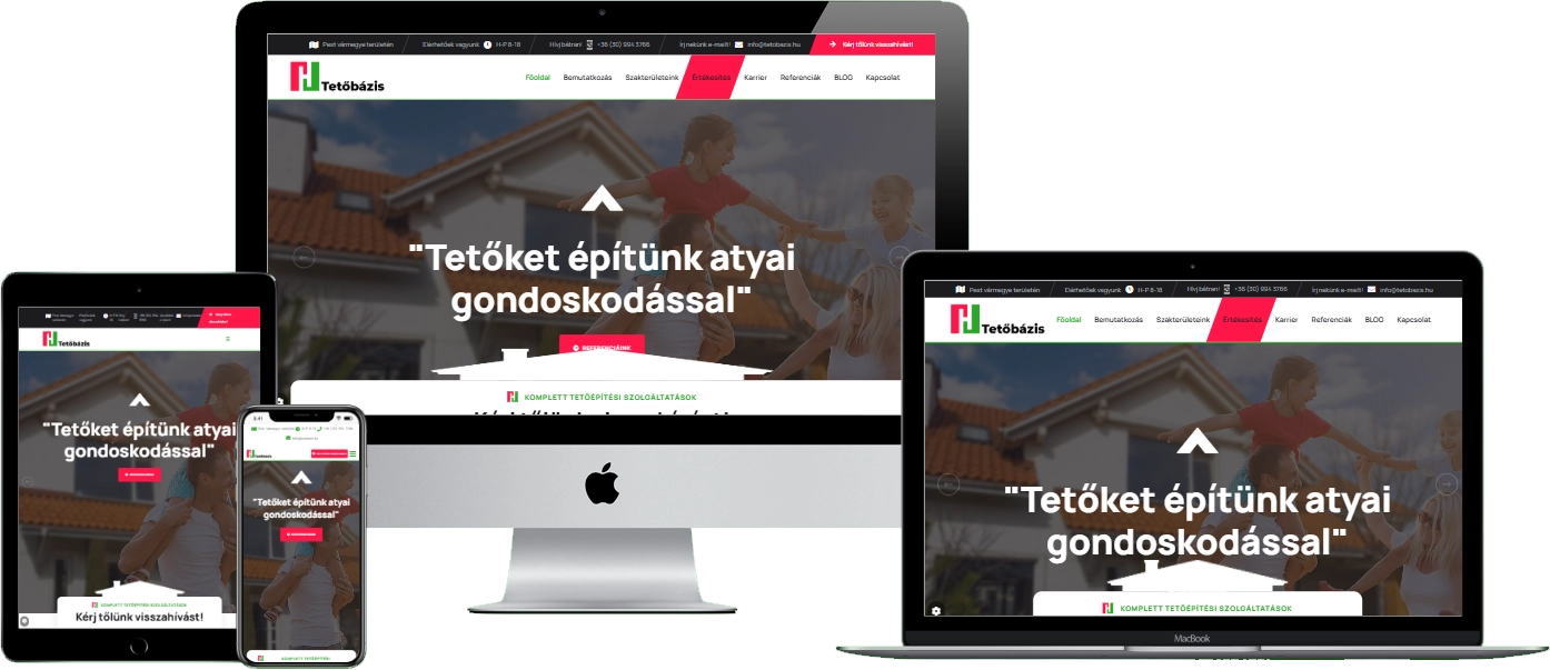 Tetőbázis weboldal – reszponzív nézet (asztali, tablet és mobil)