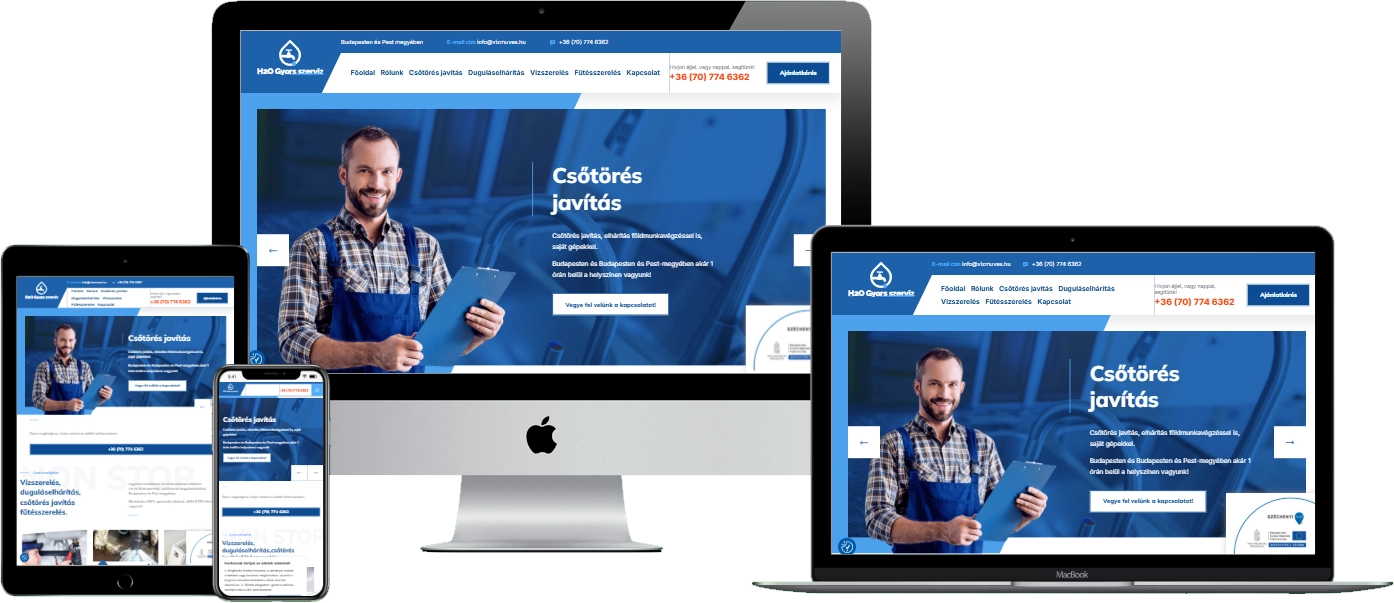 H2O Gyors szerviz weboldal – reszponzív nézet (asztali, tablet és mobil)