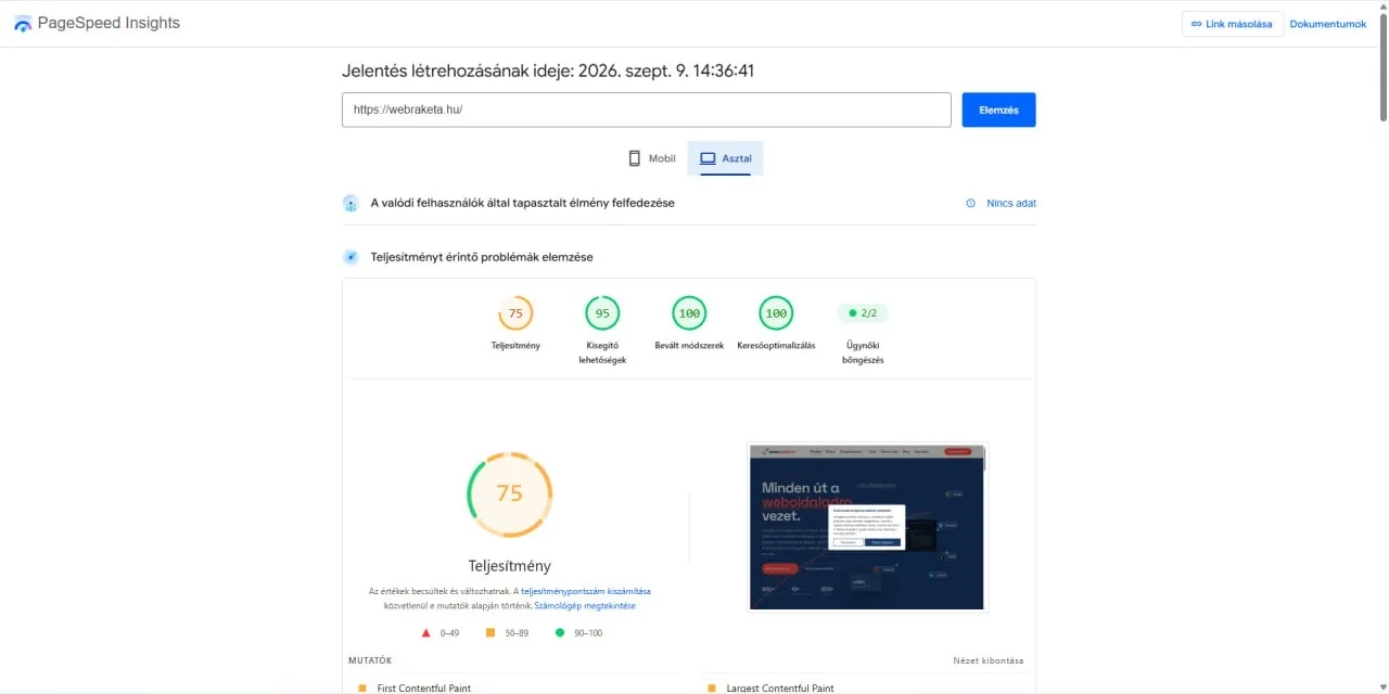 PageSpeed asztali eredmény előtte: 75 pont
