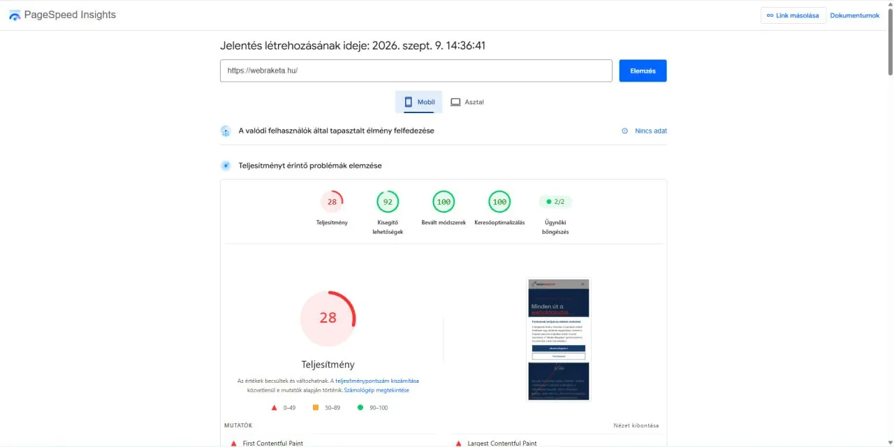PageSpeed mobil eredmény előtte: 28 pont