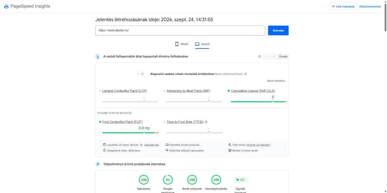 PageSpeed asztali eredmény utána: 100 pont