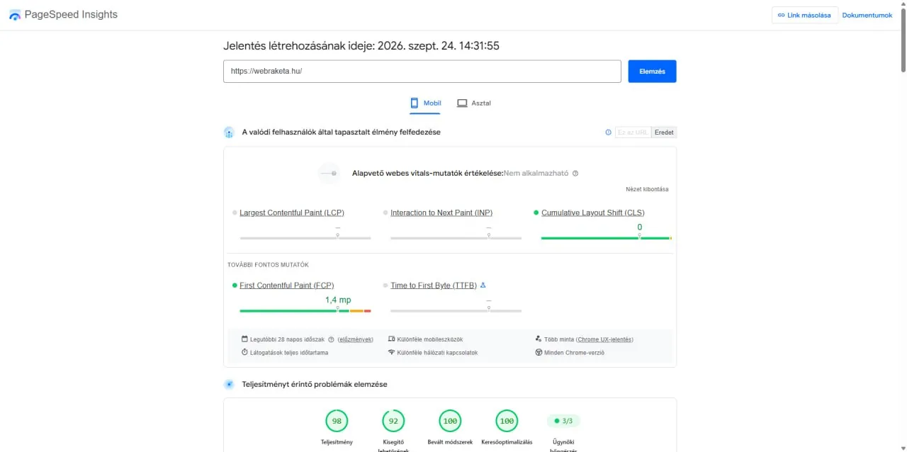 PageSpeed mobil eredmény utána: 98 pont